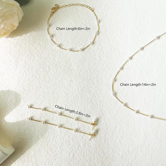 Gold Jewelry Set Gold Women Dainty Pearl Choker Earrings Bracelet Wedding Gift - Picture 4 of 7